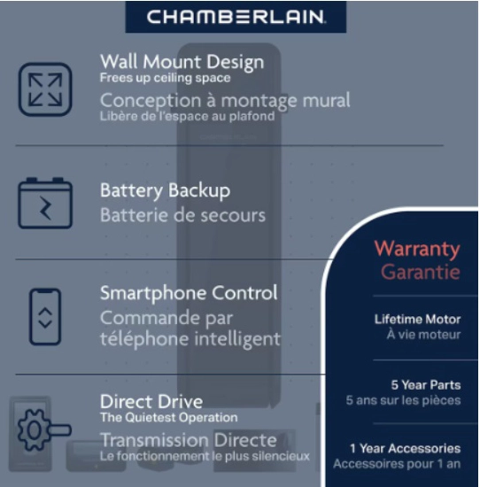 Chamberlain Wall Mounted Ultra-Quiet Direct Drive Smart Garage Door Opener with Battery Backup